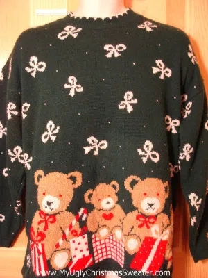 Tacky Ugly Christmas Sweater 80s 2sided Classic with Bows and Bears (f358)