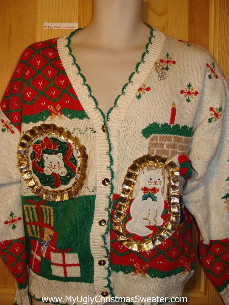 Tacky Ugly Christmas Sweater 80s Cardigan with Cats and 3D Bling Gold Trimming (f307)