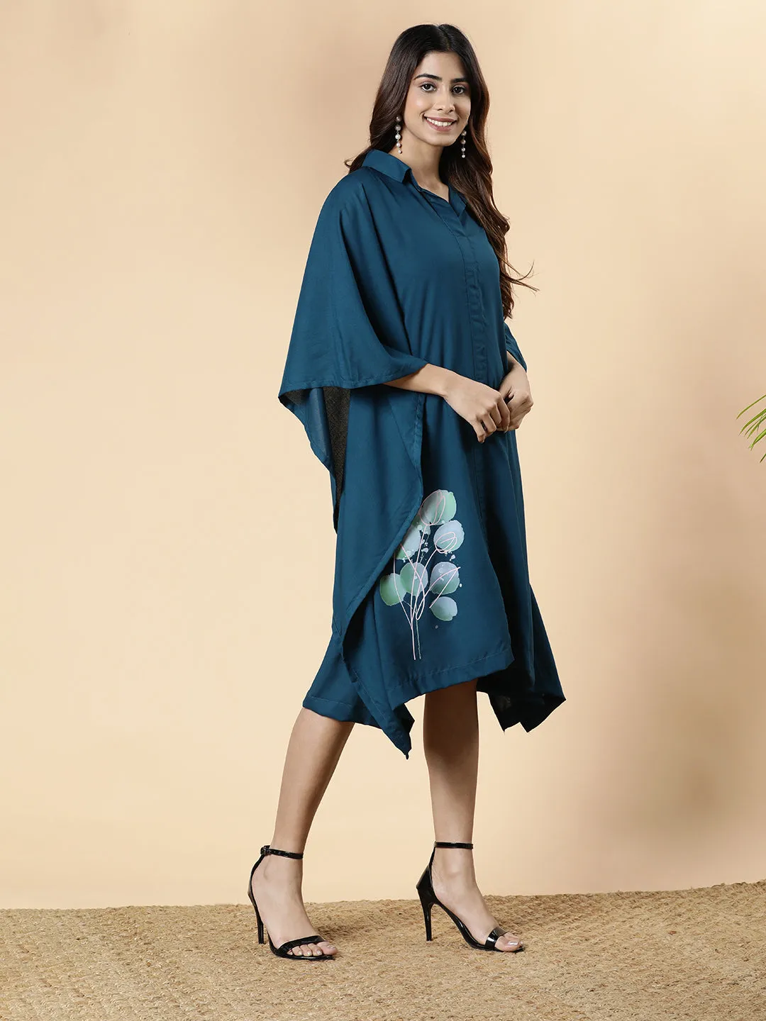 Teal Rayon Shirt-Kaftan - Leafy