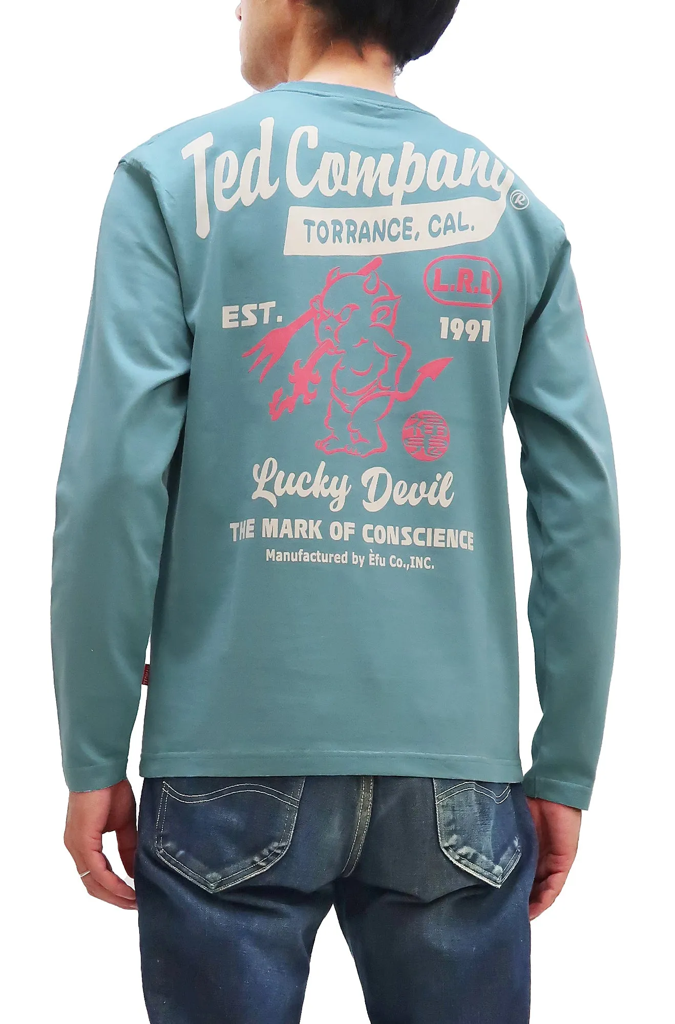 Tedman T-Shirt Men's Lucky Devil Logo Graphic Long Sleeve Tee Efu-Shokai TDLS-355 Blue-Green