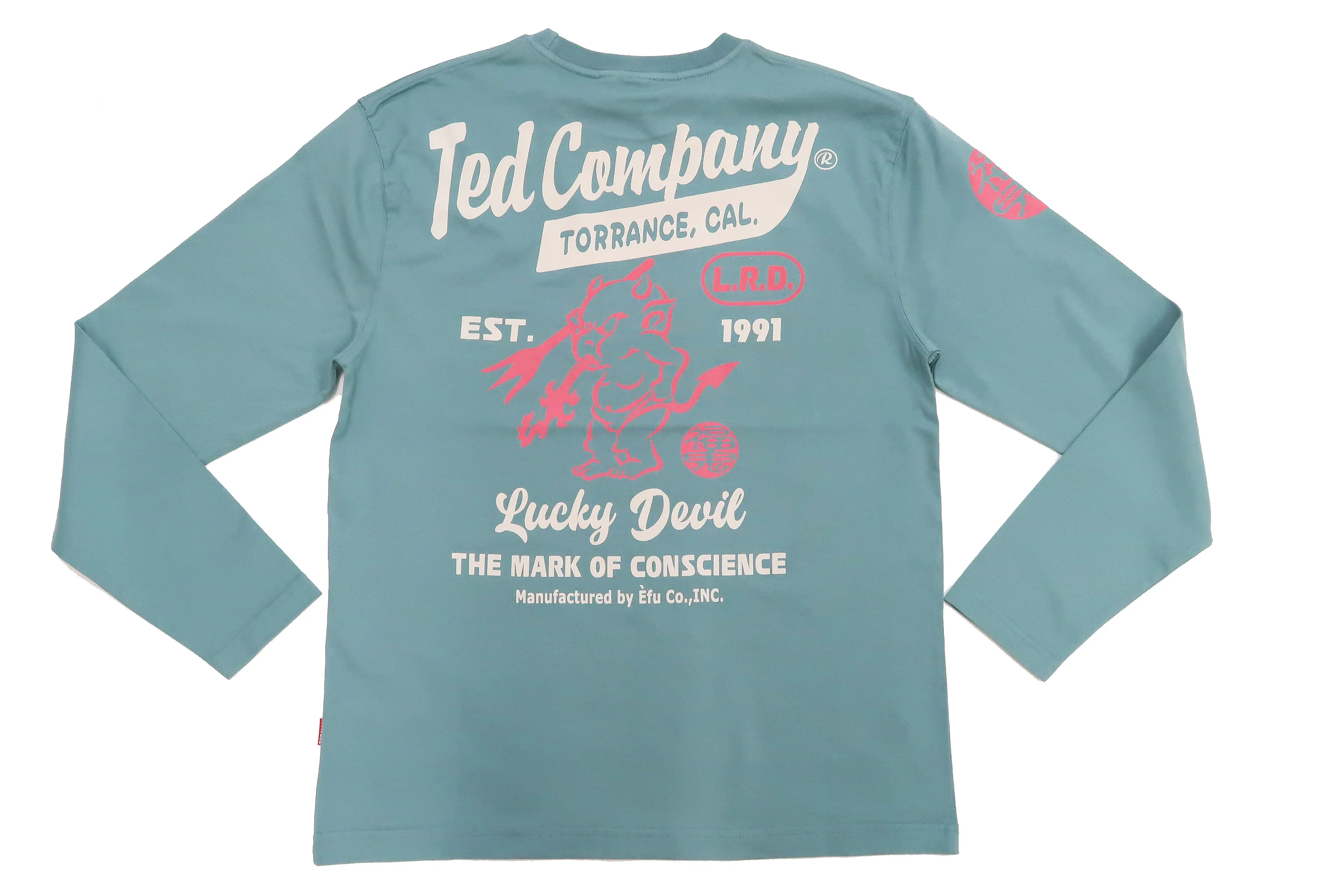 Tedman T-Shirt Men's Lucky Devil Logo Graphic Long Sleeve Tee Efu-Shokai TDLS-355 Blue-Green