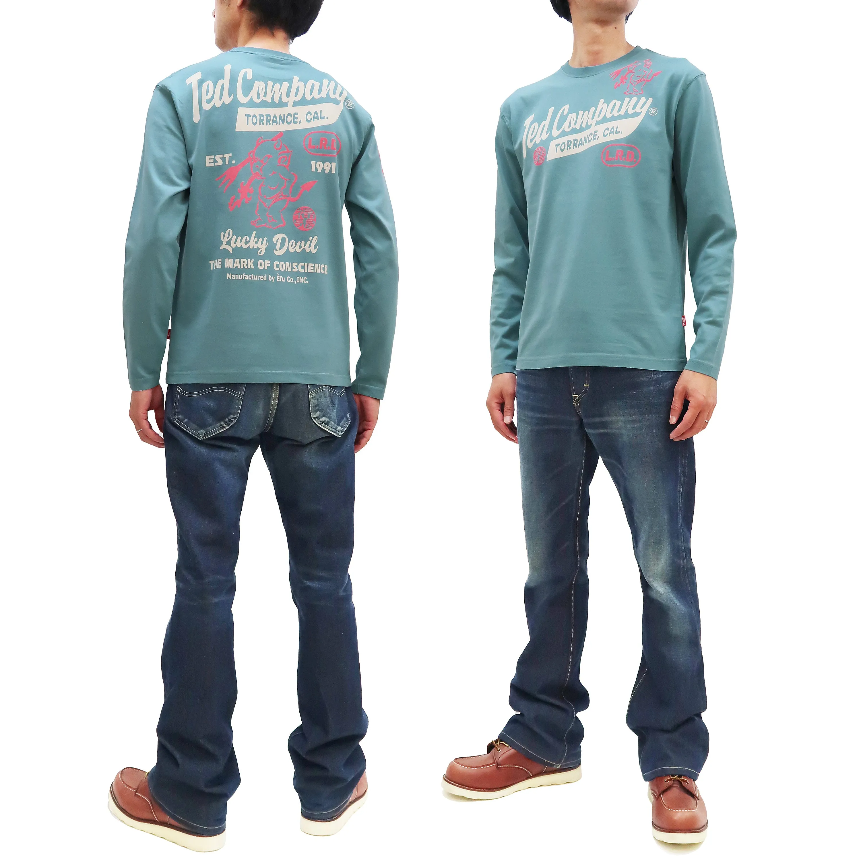 Tedman T-Shirt Men's Lucky Devil Logo Graphic Long Sleeve Tee Efu-Shokai TDLS-355 Blue-Green