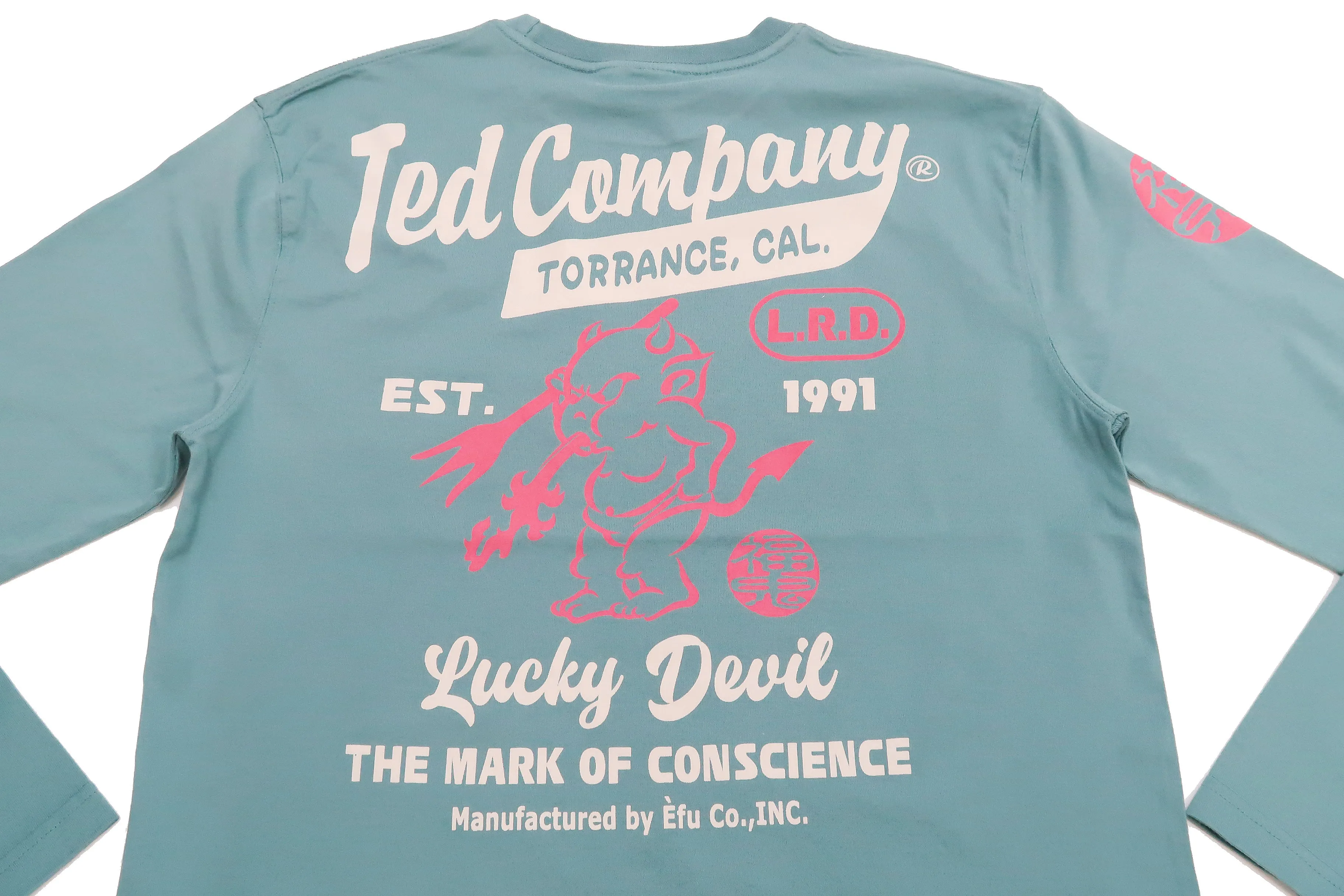 Tedman T-Shirt Men's Lucky Devil Logo Graphic Long Sleeve Tee Efu-Shokai TDLS-355 Blue-Green