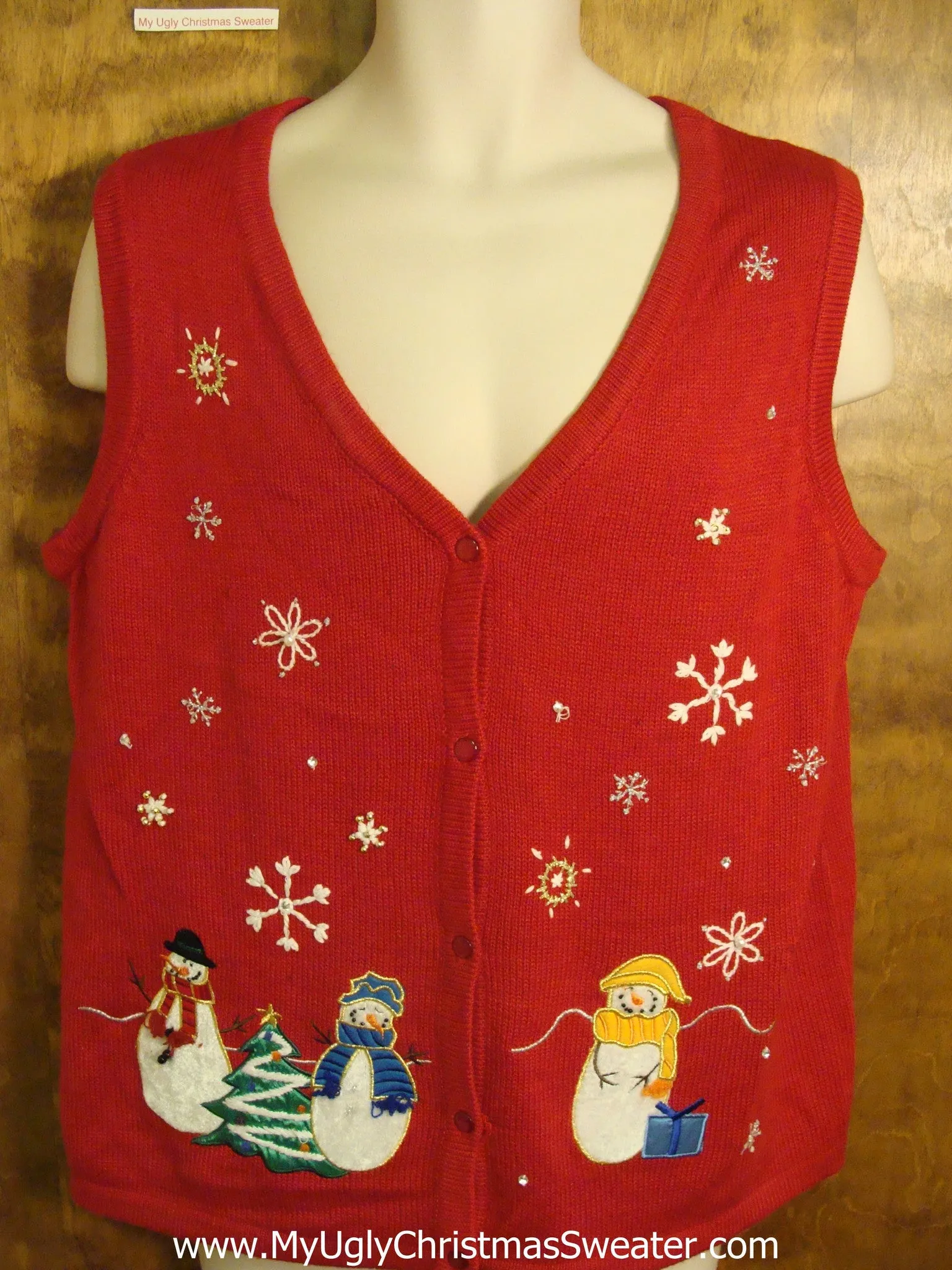 Ugly Red Christmas Jumper Vest with Colorful Snowmen