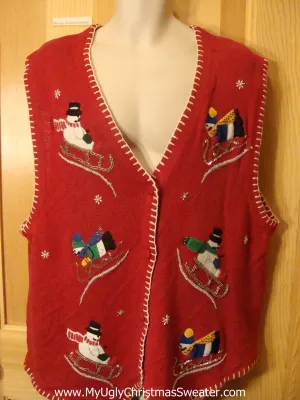 Ugly Red Christmas Sweater Vest Sledding Snowmen