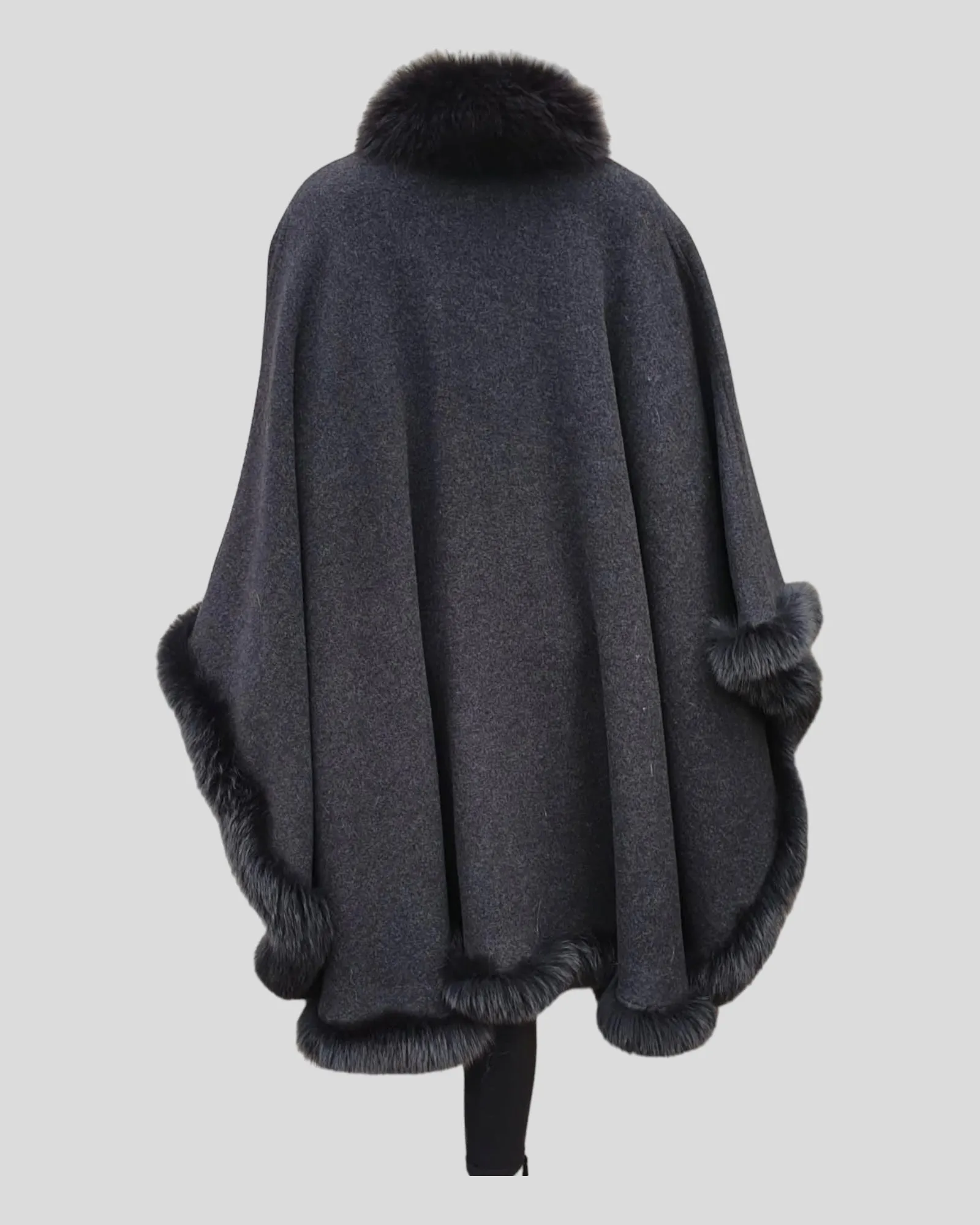 Vintage Reversible Grey and Charcoal Cashmere Poncho w/ Fox Fur Trim