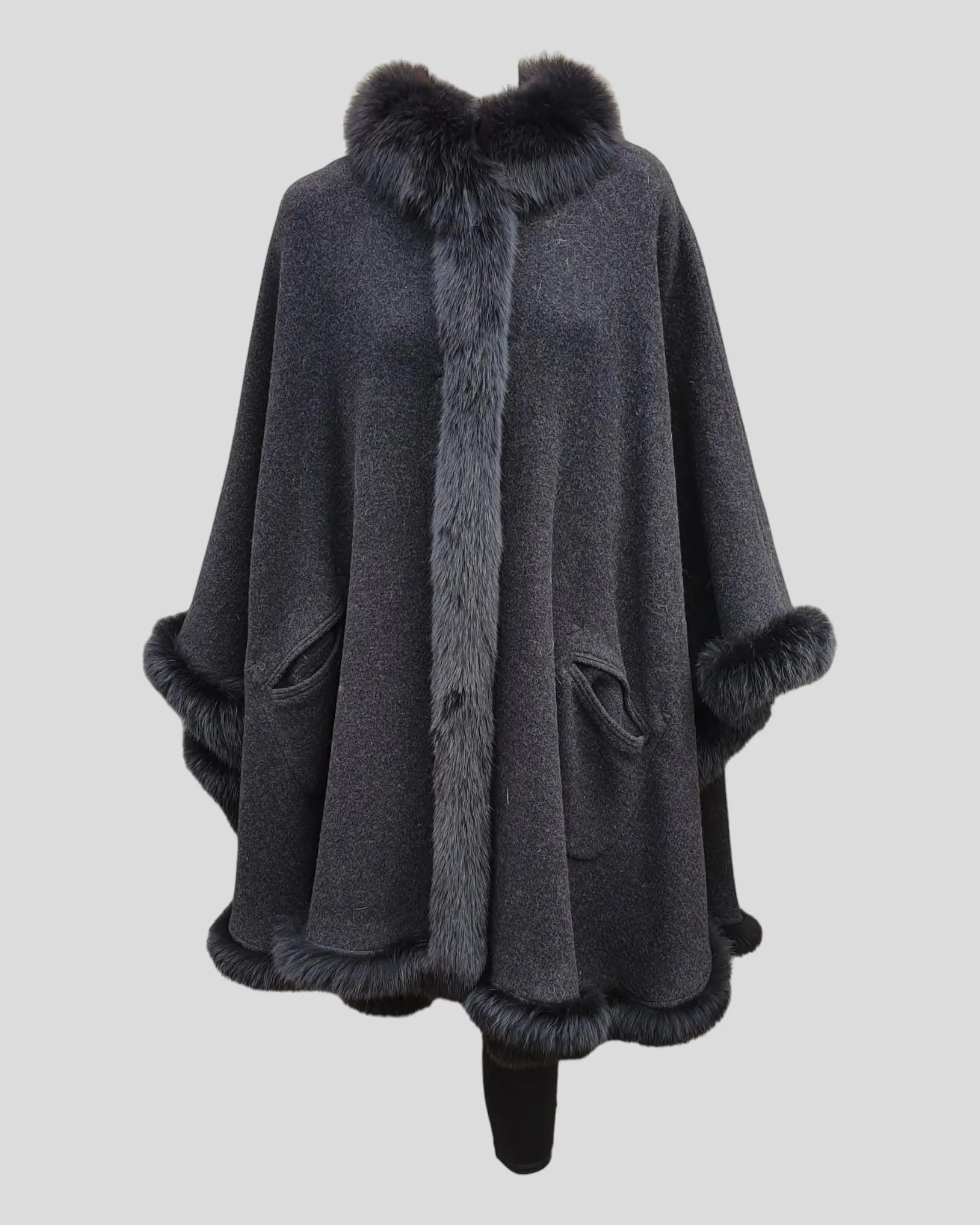 Vintage Reversible Grey and Charcoal Cashmere Poncho w/ Fox Fur Trim