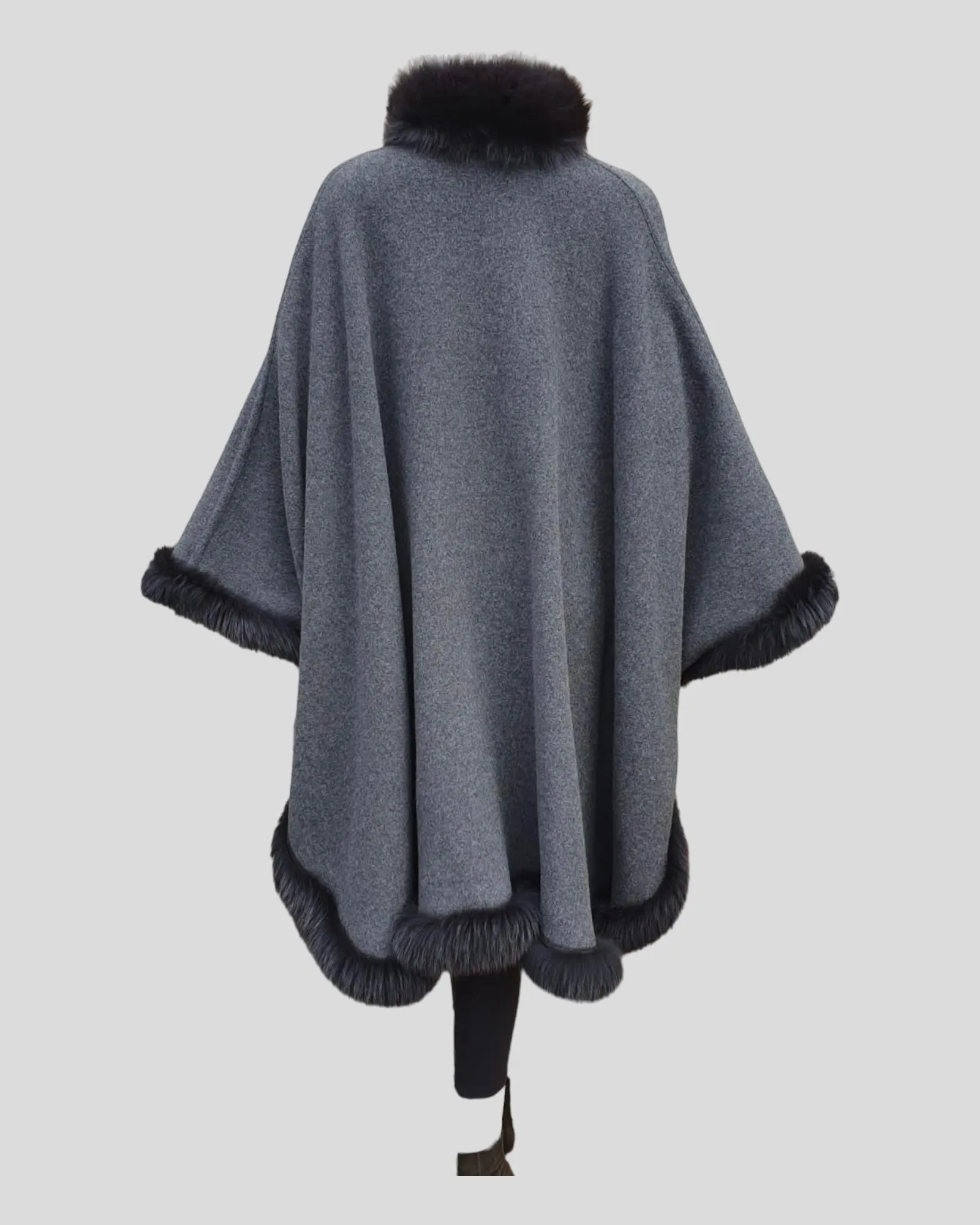 Vintage Reversible Grey and Charcoal Cashmere Poncho w/ Fox Fur Trim