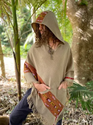 VIRIYA Men's Wool Poncho Cedar Brown Handwoven Premium Pure Cashmere Winter Zen Embroidery Boho Gypsy Festival Rave Mexican Aztec Celtic