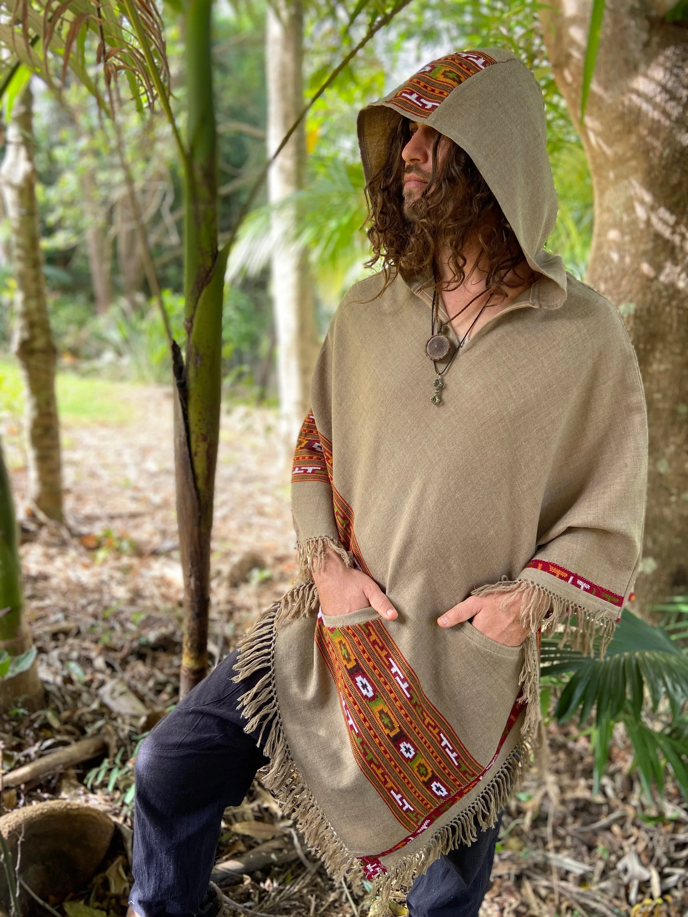 VIRIYA Men's Wool Poncho Cedar Brown Handwoven Premium Pure Cashmere Winter Zen Embroidery Boho Gypsy Festival Rave Mexican Aztec Celtic