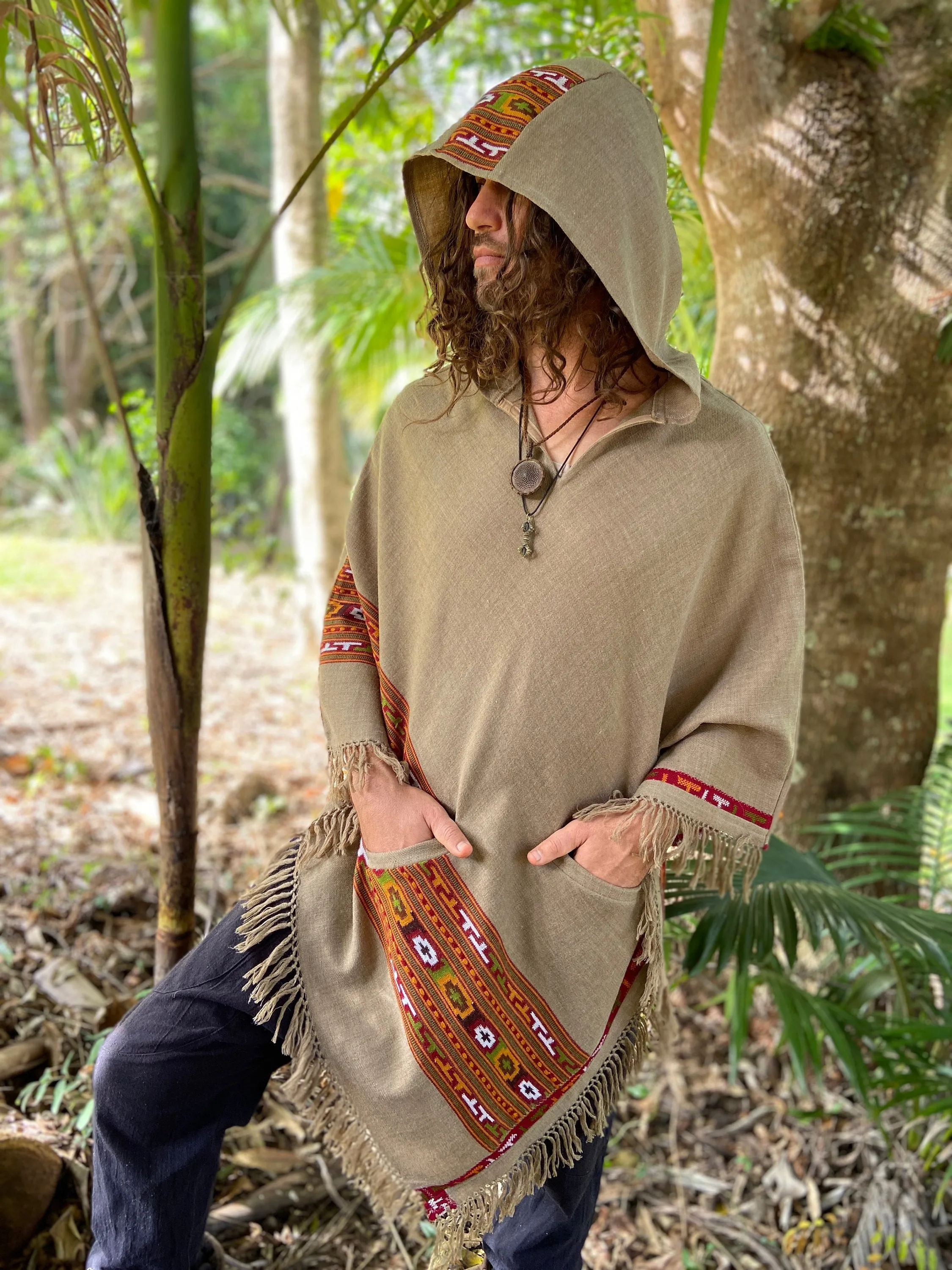 VIRIYA Men's Wool Poncho Cedar Brown Handwoven Premium Pure Cashmere Winter Zen Embroidery Boho Gypsy Festival Rave Mexican Aztec Celtic