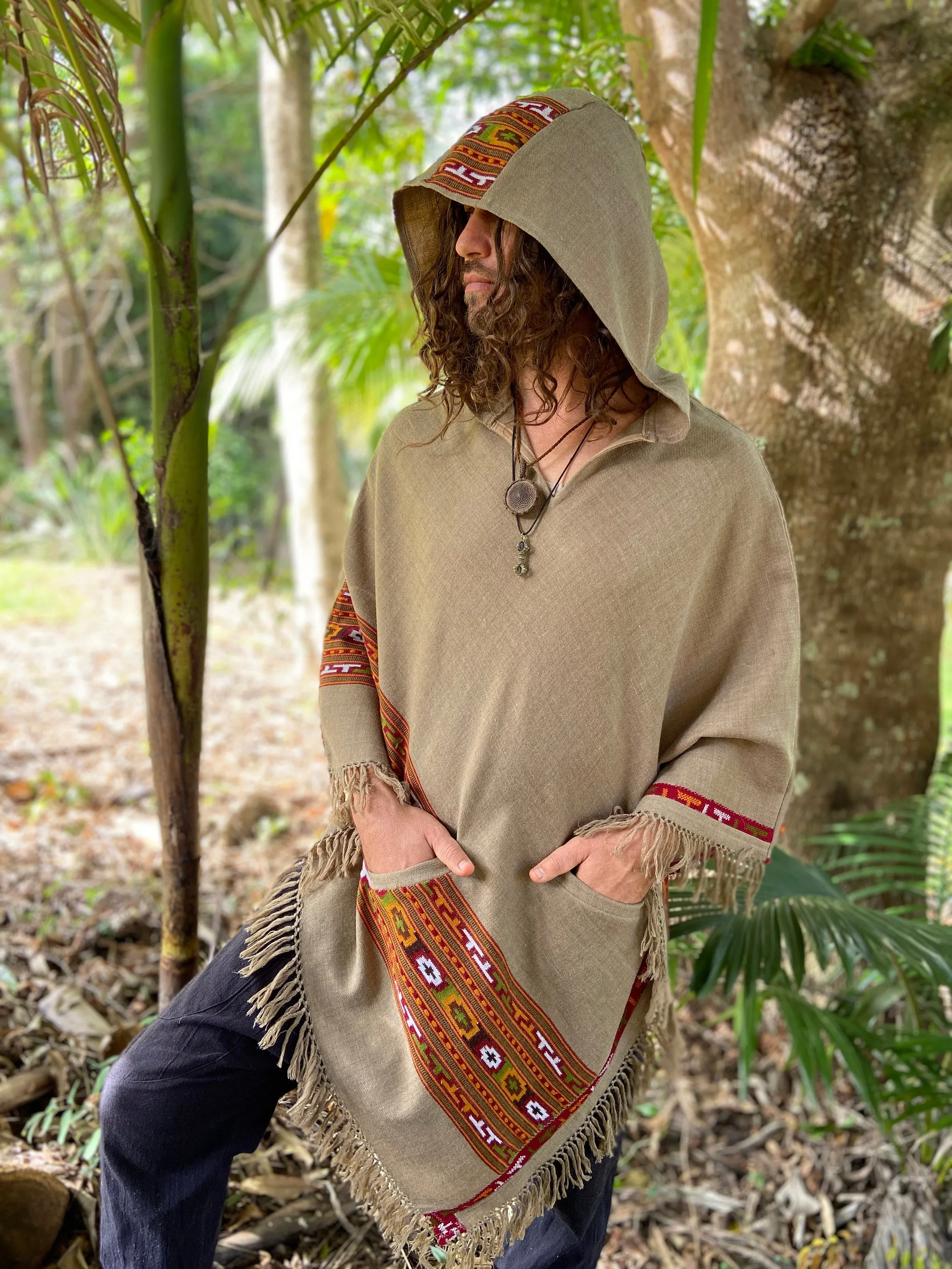 VIRIYA Men's Wool Poncho Cedar Brown Handwoven Premium Pure Cashmere Winter Zen Embroidery Boho Gypsy Festival Rave Mexican Aztec Celtic