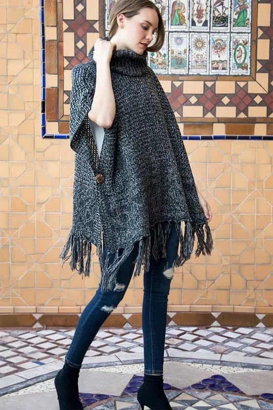 Warm & Cozy turtleneck poncho with fringe accent in charcoal