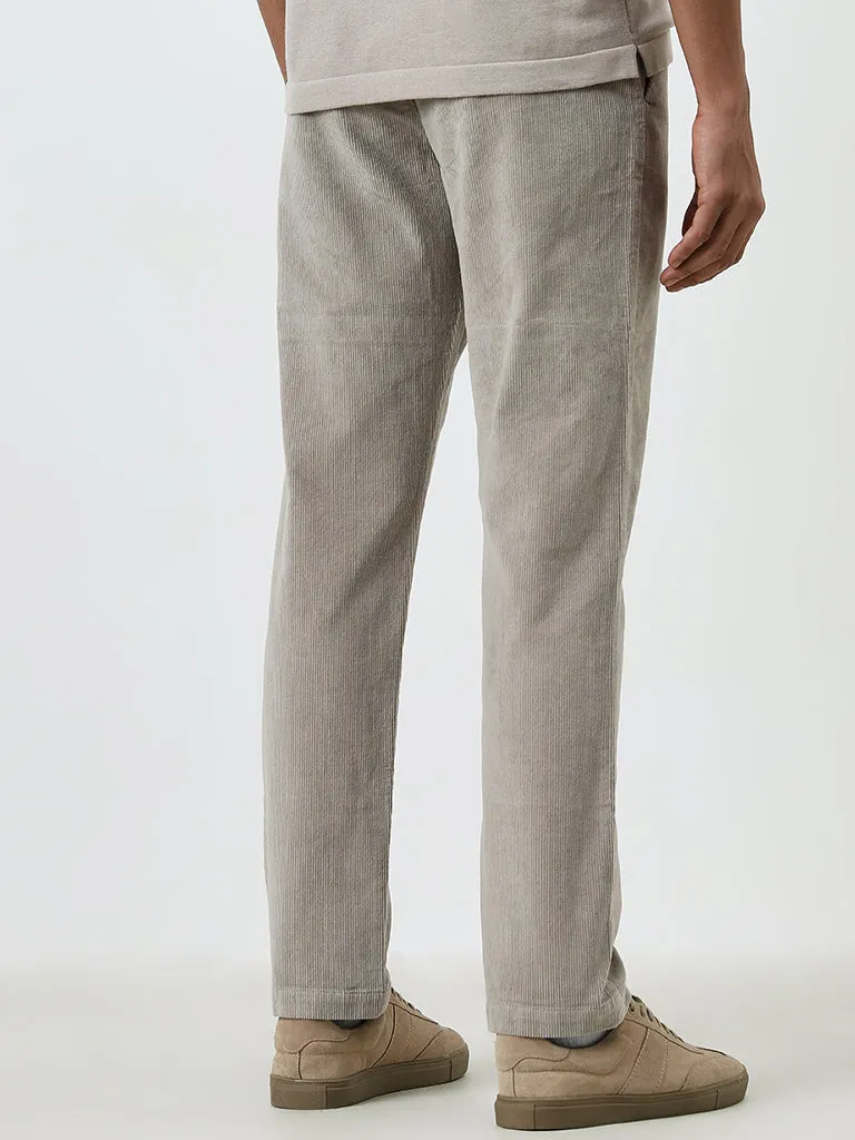 WES Casuals Grey Ribbed Relaxed-Fit Mid-Rise Chinos