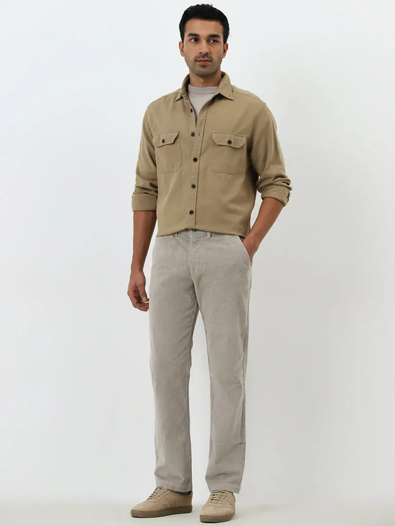 WES Casuals Grey Ribbed Relaxed-Fit Mid-Rise Chinos