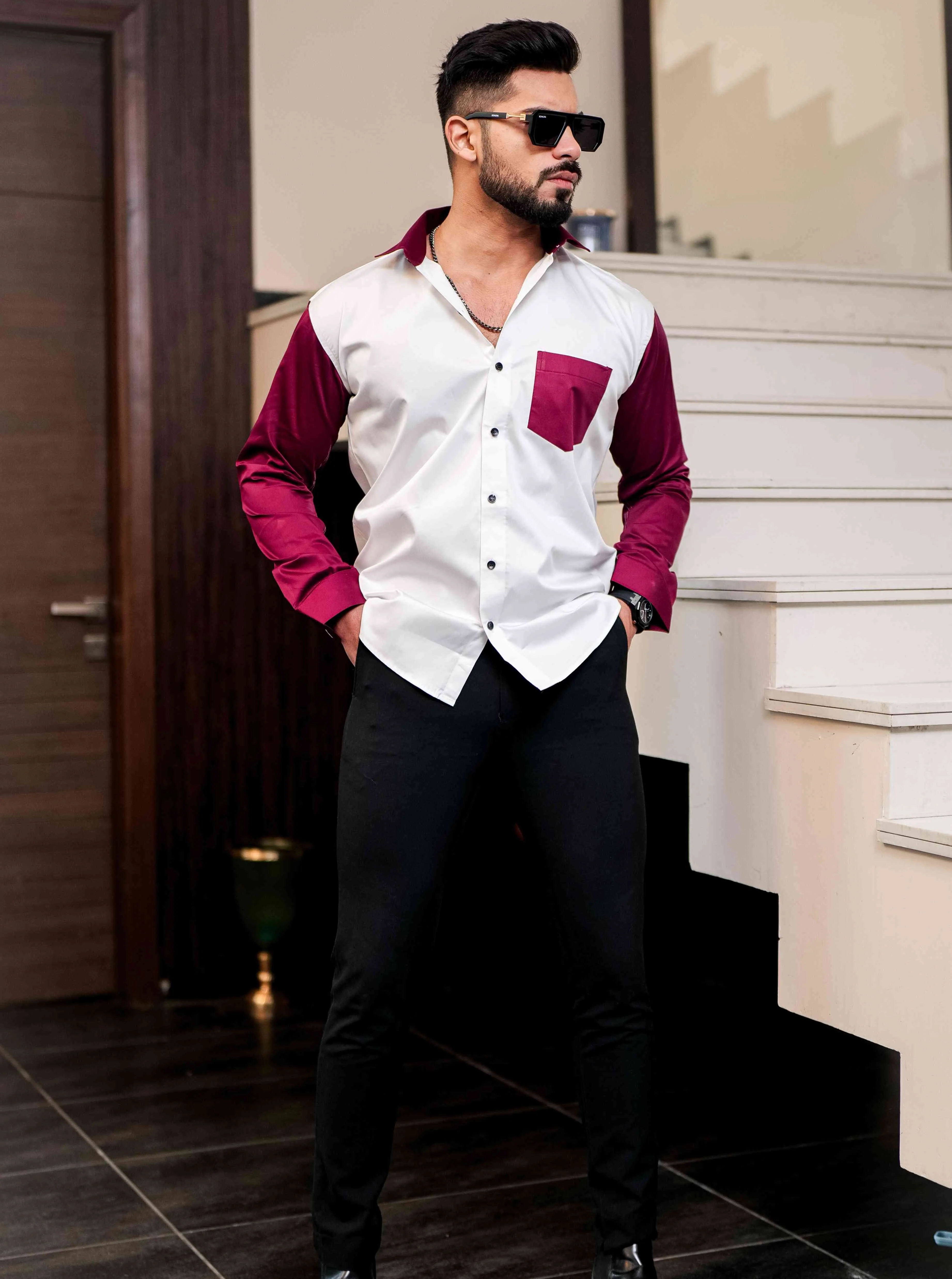 White And MAroon Satin Cotton Cut N Sew Designer Shirt