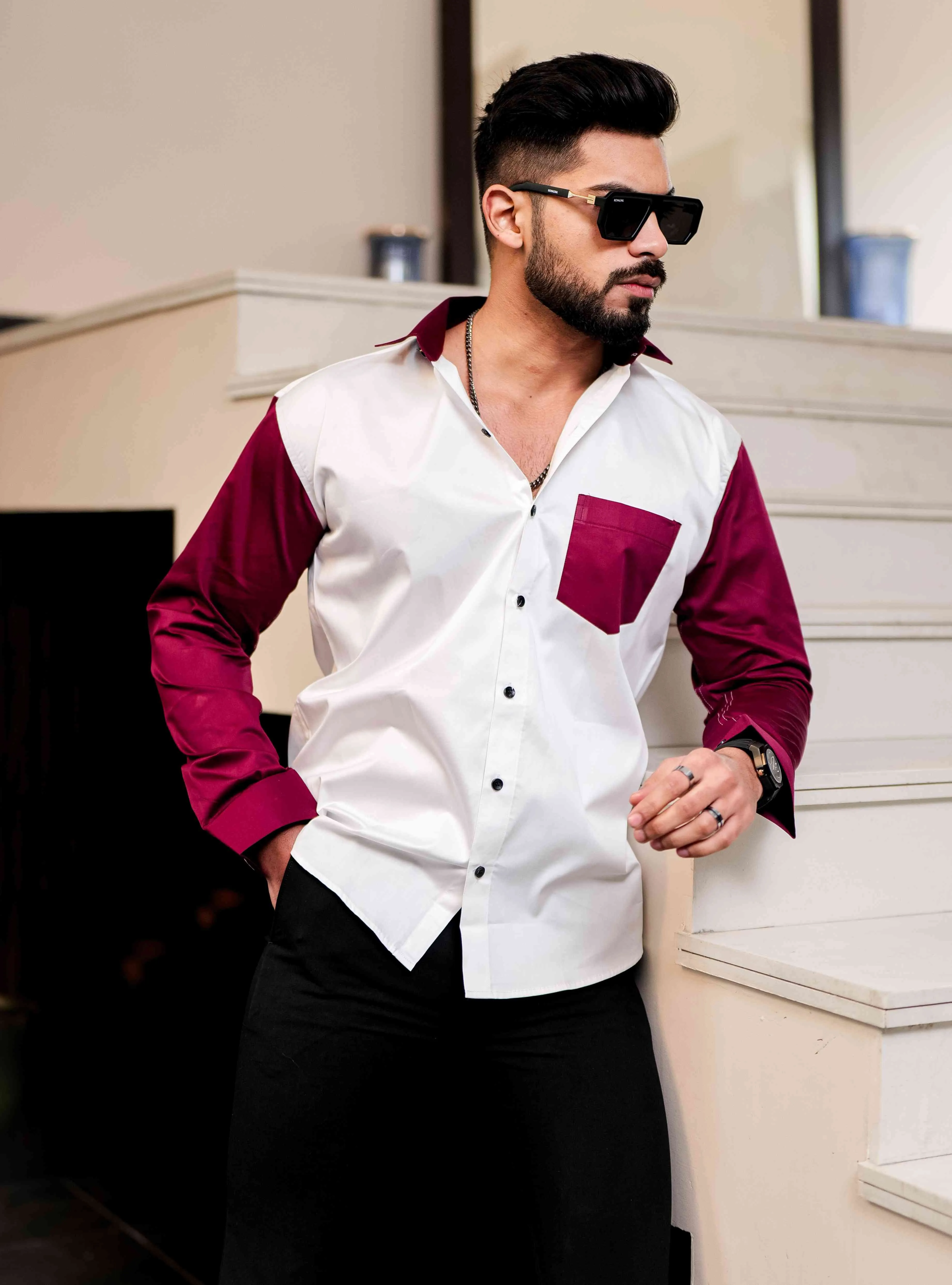 White And MAroon Satin Cotton Cut N Sew Designer Shirt