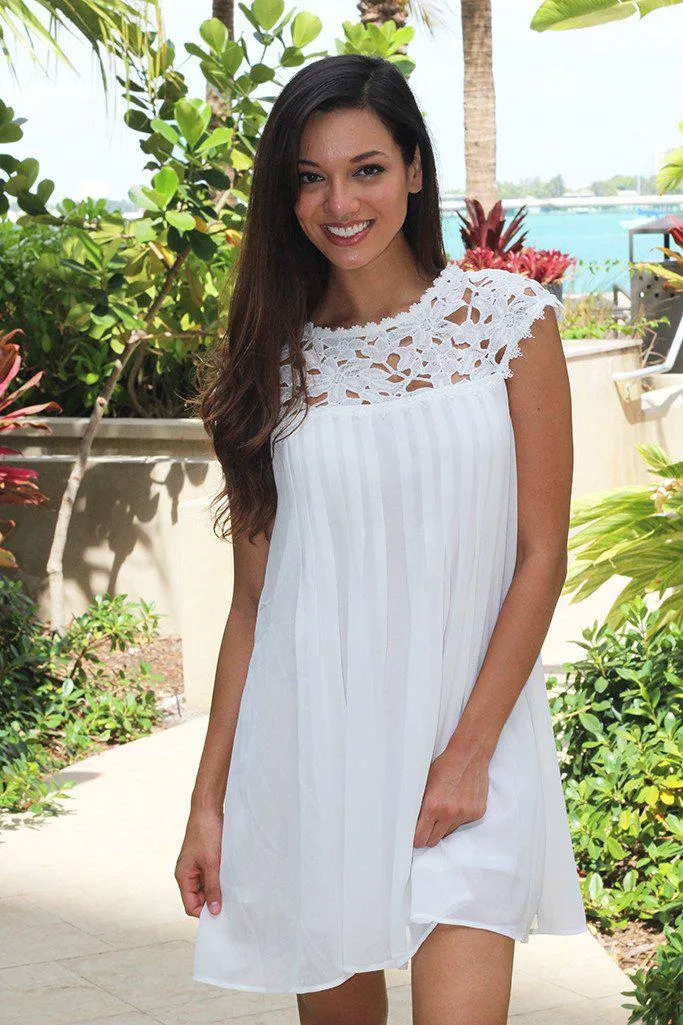 White Pleated Dress with Crochet Neck