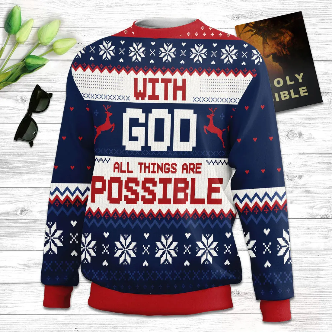 With God All Things Are Possible Matthew 1926 Ugly Christmas Sweater - Christian Unisex Sweater - Religious Christmas Gift