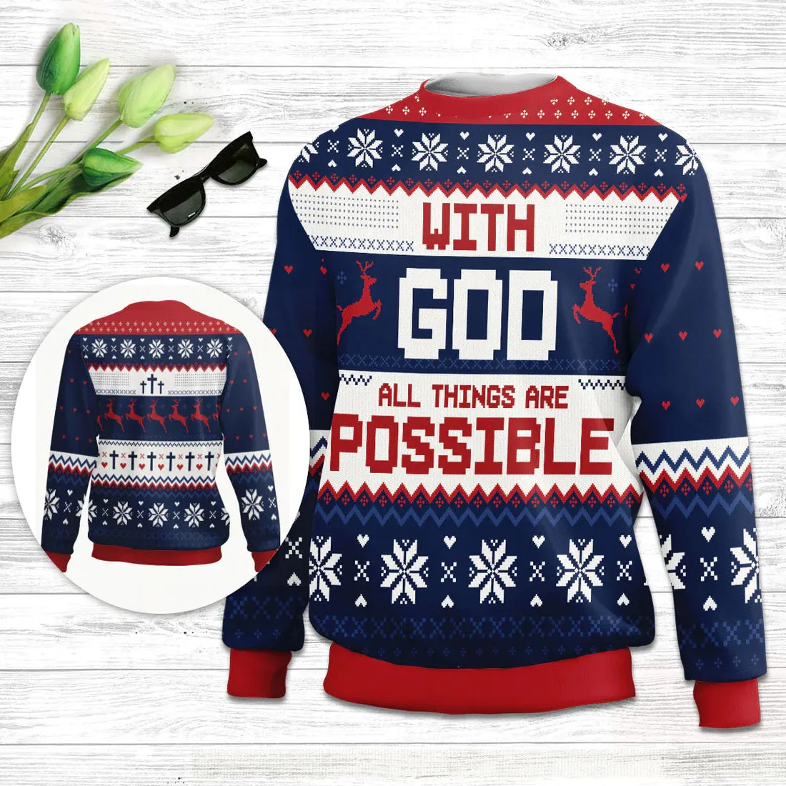 With God All Things Are Possible Matthew 1926 Ugly Christmas Sweater - Christian Unisex Sweater - Religious Christmas Gift