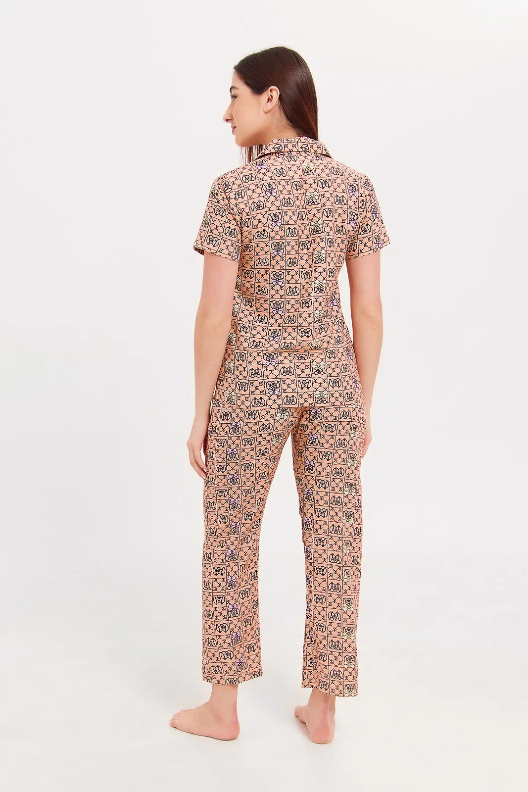 Women Apricot Printed Pyjama Set (2 Piece)