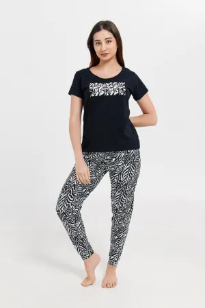 Women Black Printed Pyjama Set (2 Piece)