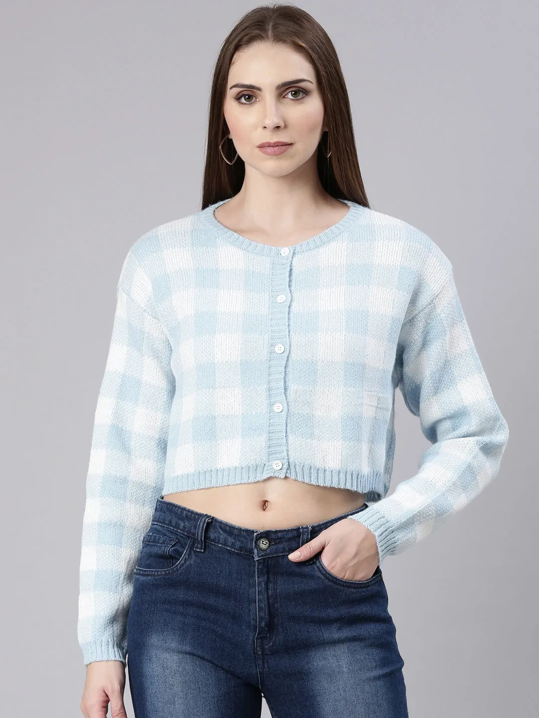 Women Blue Checked Cardigan