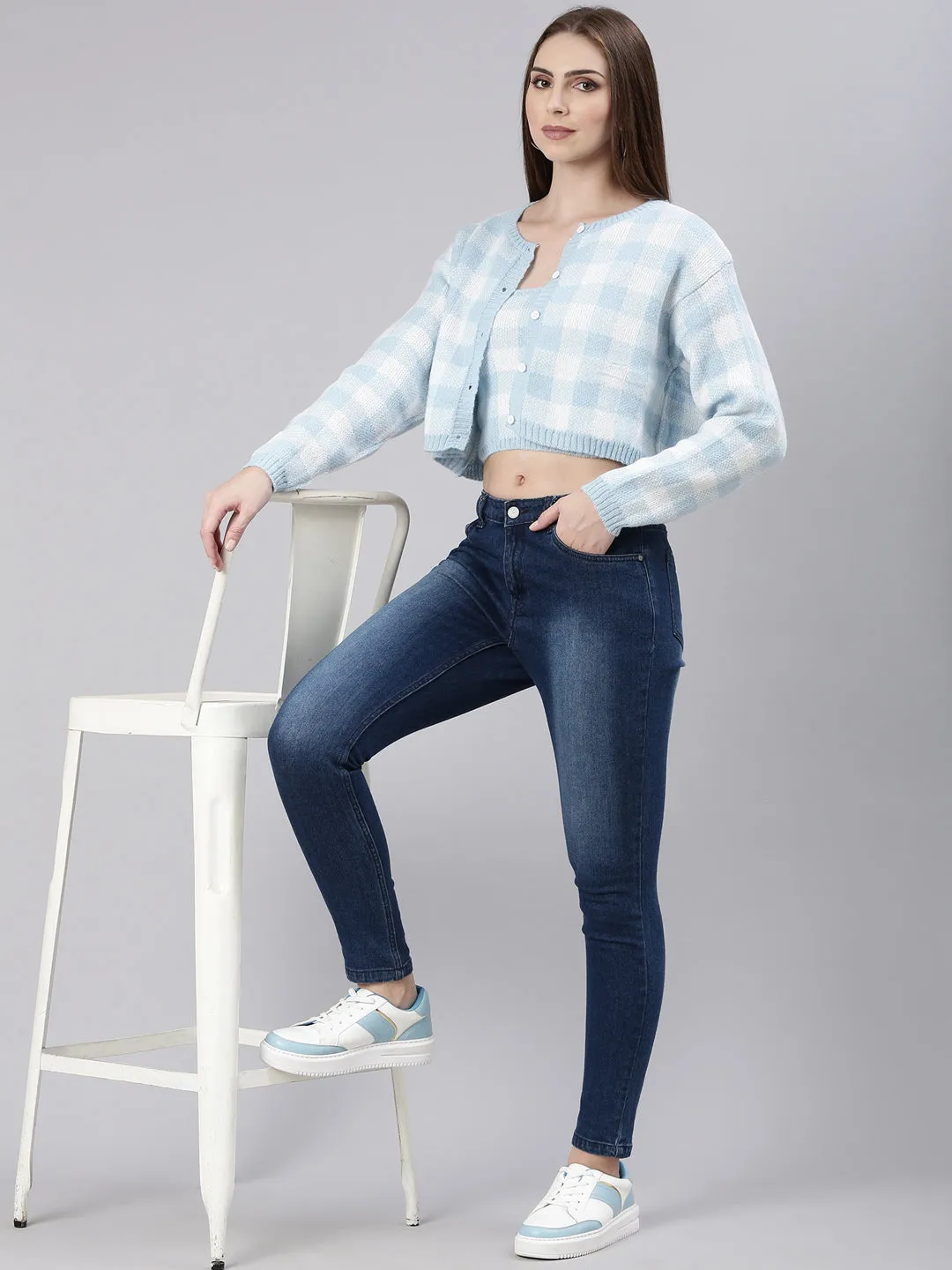 Women Blue Checked Cardigan