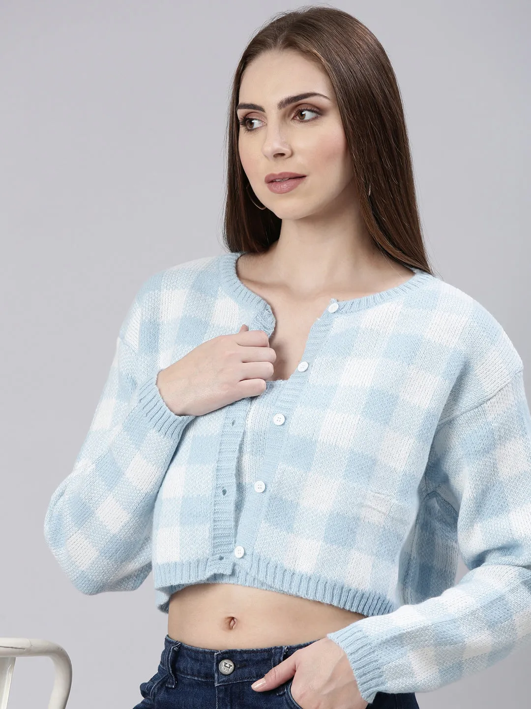 Women Blue Checked Cardigan