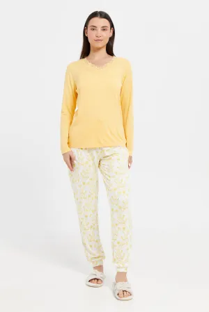 Women Yellow Printed Long Sleeve Pyjama Set (2 Piece)