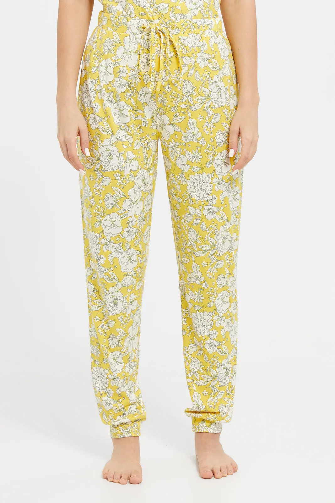 Women Yellow Printed V-Neck Pyjama Set (2 Piece)