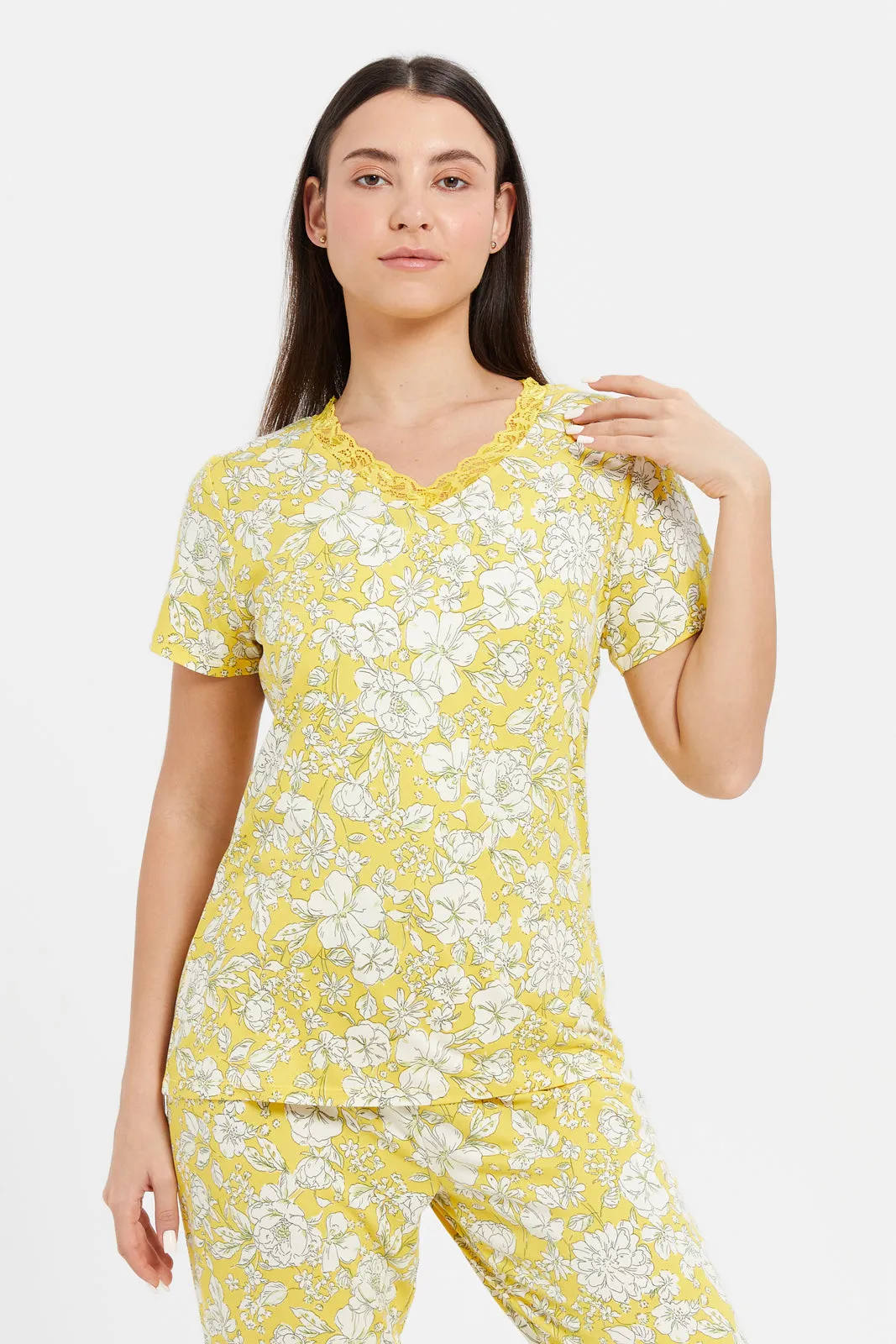 Women Yellow Printed V-Neck Pyjama Set (2 Piece)