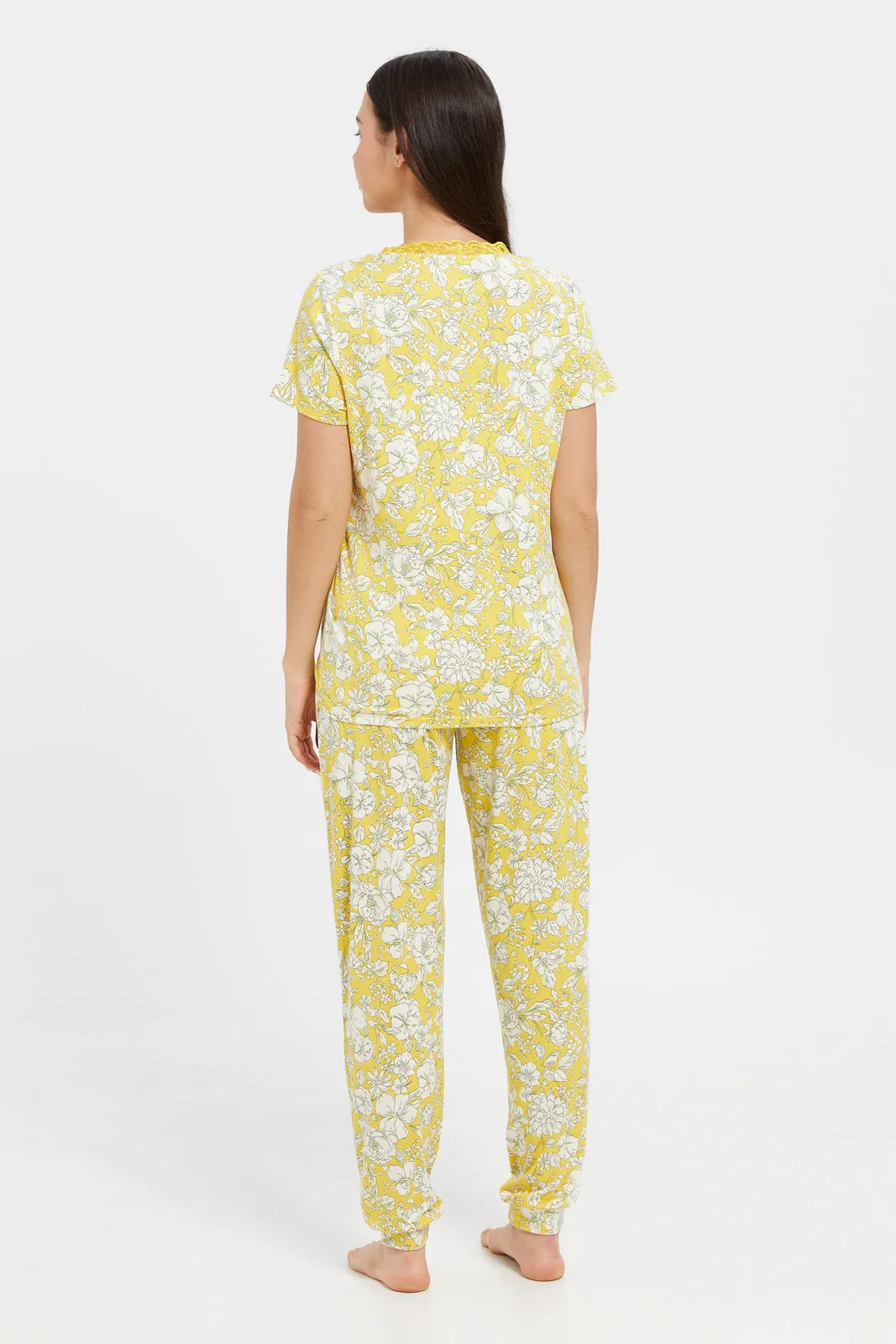 Women Yellow Printed V-Neck Pyjama Set (2 Piece)