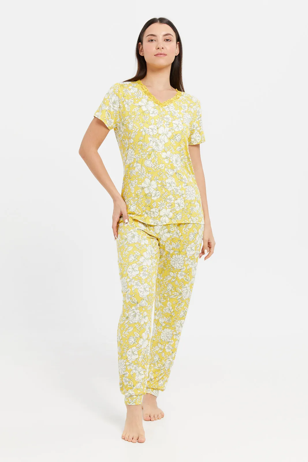 Women Yellow Printed V-Neck Pyjama Set (2 Piece)