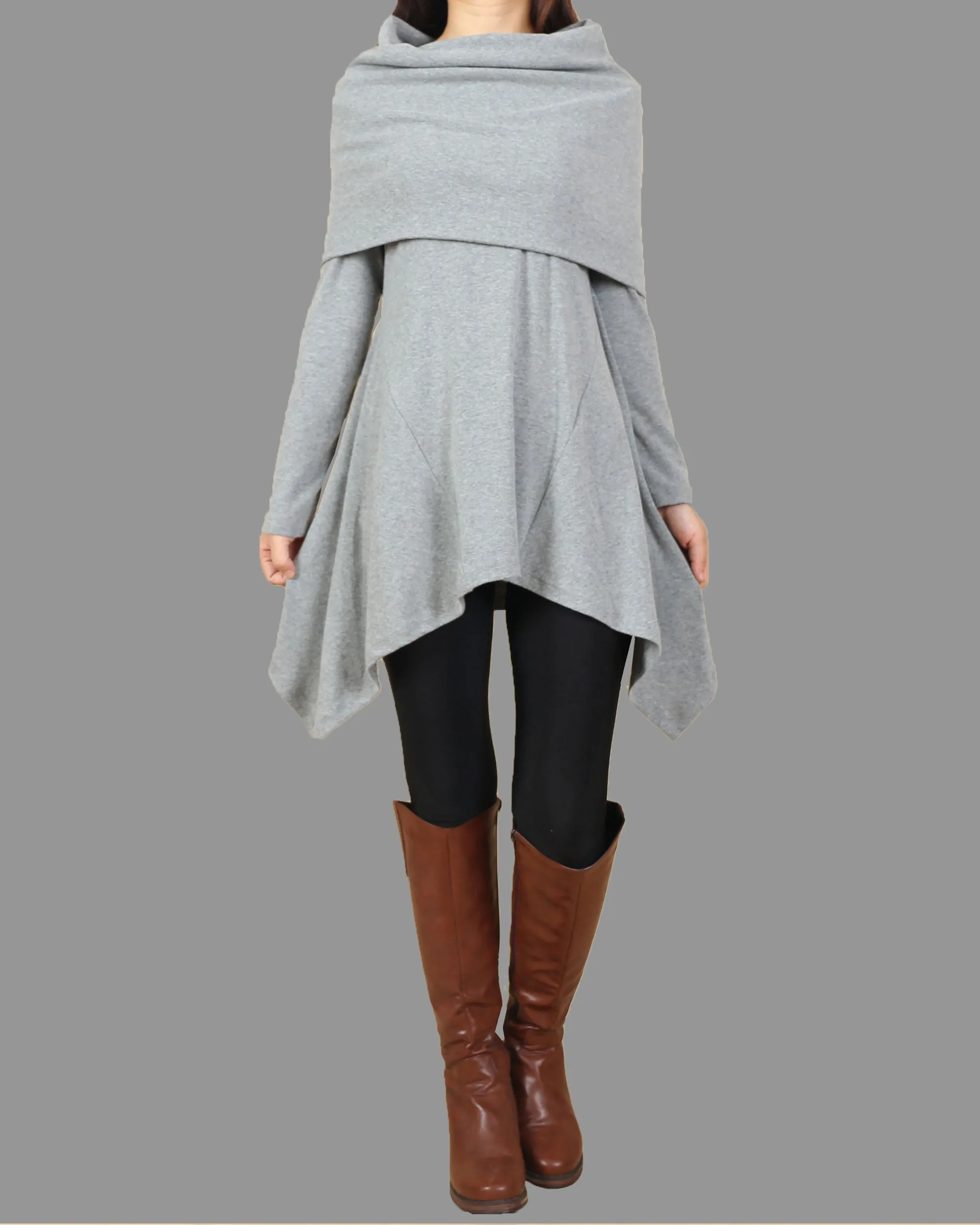 Women's cotton tunic dress/shawl collar top/gray cotton dress/plus size t-shirt/oversized top/casual tunic top/maternity dress/asymmetrical t-shirt (Y1536)