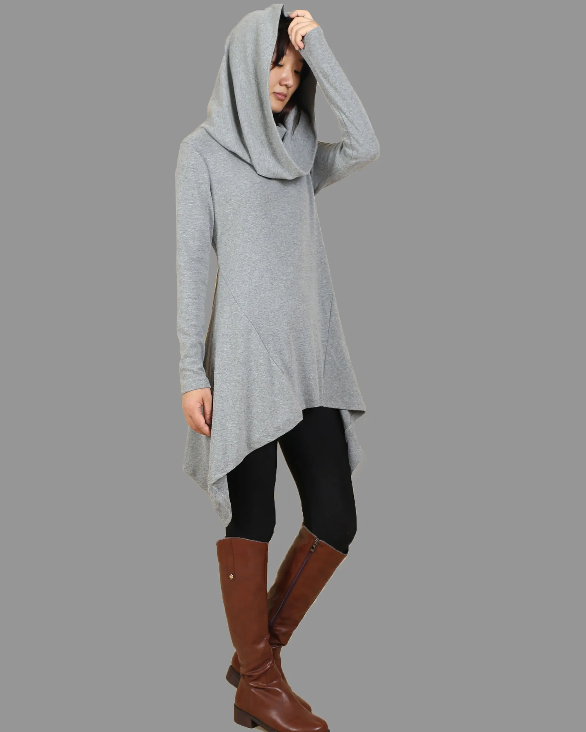 Women's cotton tunic dress/shawl collar top/gray cotton dress/plus size t-shirt/oversized top/casual tunic top/maternity dress/asymmetrical t-shirt (Y1536)