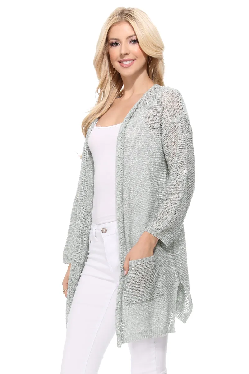 Yemak Women's Long Sleeve Knitted Open-Front Summer Sweater Cardigan with Pockets HK8072 (S/M - M/L)