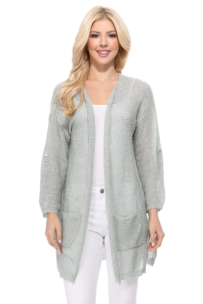 Yemak Women's Long Sleeve Knitted Open-Front Summer Sweater Cardigan with Pockets HK8072 (S/M - M/L)